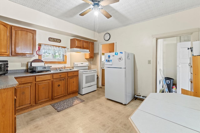 kitchen with an ornate ceiling, under cabinet range hood, brown cabinets, and white appliances