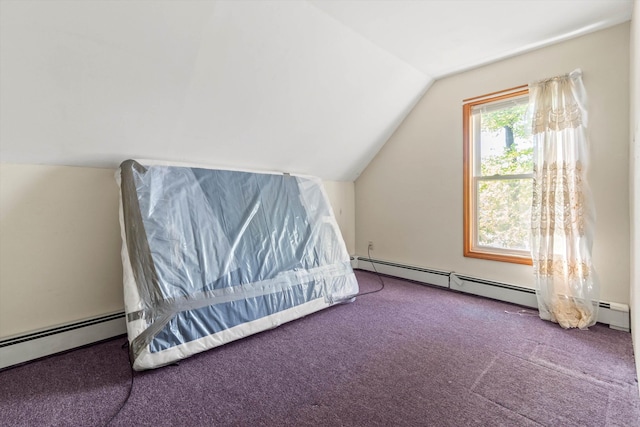 bonus room with a baseboard radiator, carpet, and lofted ceiling