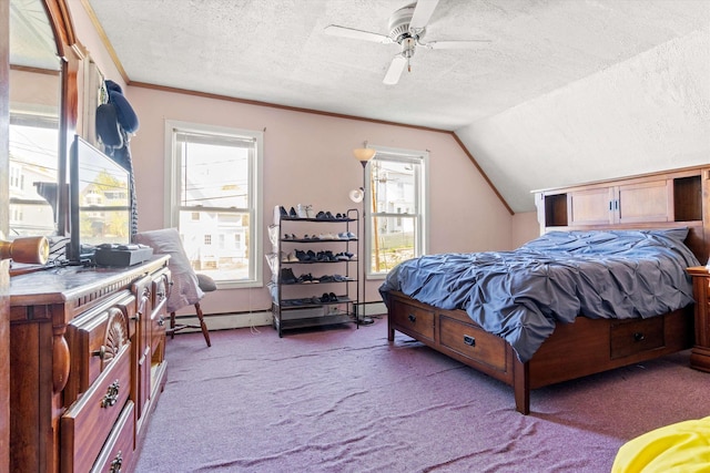carpeted bedroom featuring vaulted ceiling, ceiling fan, a baseboard heating unit, and a textured ceiling