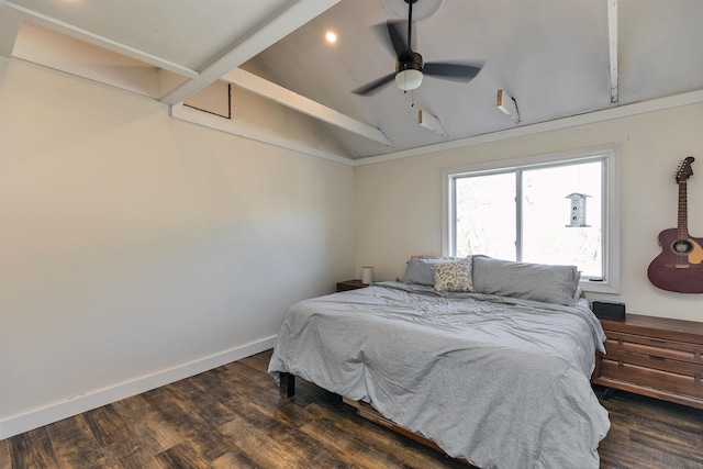 bedroom featuring recessed lighting, ceiling fan, vaulted ceiling, and dark wood-style flooring
