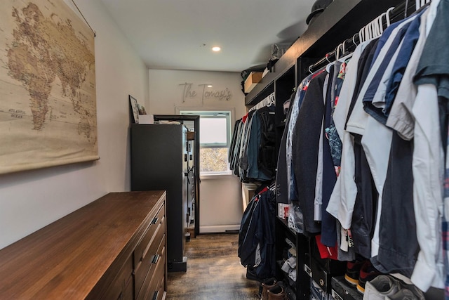 spacious closet with dark wood finished floors