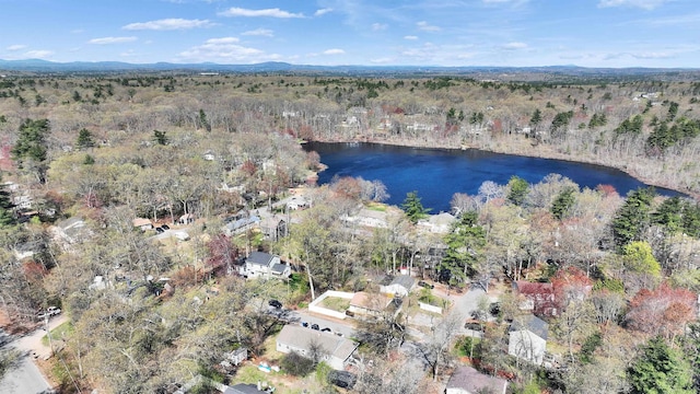 aerial view featuring a water view and a view of trees