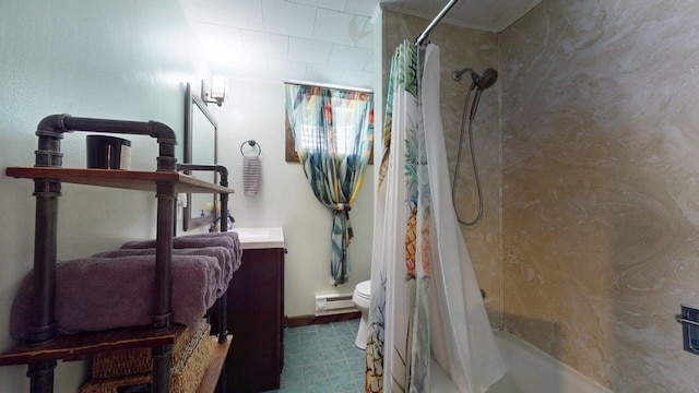 full bathroom featuring vanity, toilet, shower / bath combination with curtain, baseboards, and a baseboard heating unit