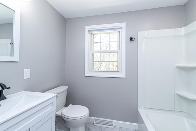 bathroom featuring visible vents, vanity, marble finish floor, toilet, and baseboards