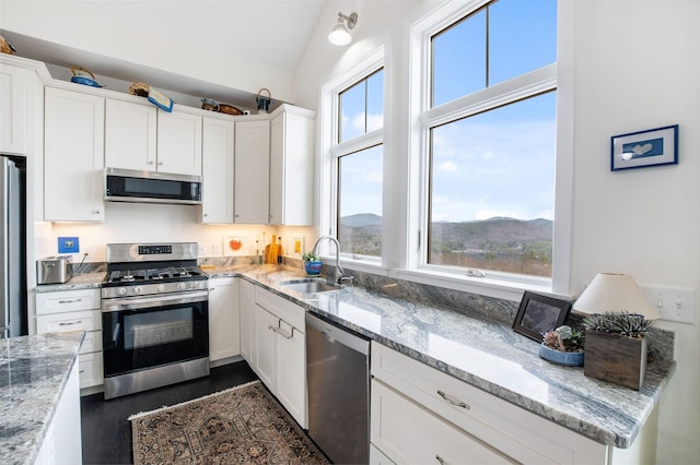 kitchen featuring light stone countertops, dark wood-type flooring, white cabinets, a sink, and appliances with stainless steel finishes
