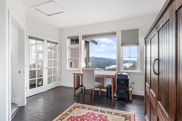 office featuring plenty of natural light, baseboards, dark wood-type flooring, and a mountain view