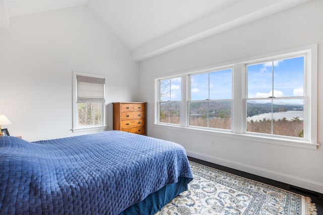 bedroom with baseboards, vaulted ceiling, and wood finished floors