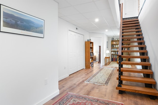 stairs featuring recessed lighting, baseboards, a drop ceiling, and wood finished floors