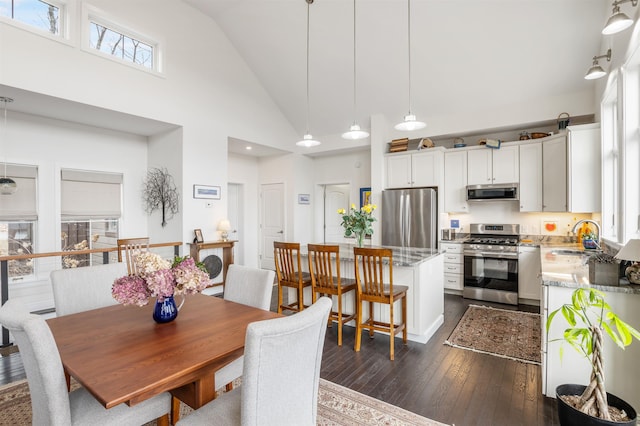 dining space featuring dark wood-style floors and high vaulted ceiling