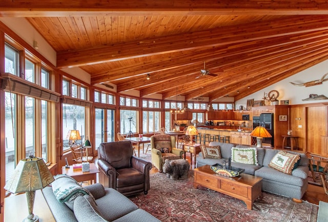 living area featuring wooden ceiling, high vaulted ceiling, plenty of natural light, and beam ceiling