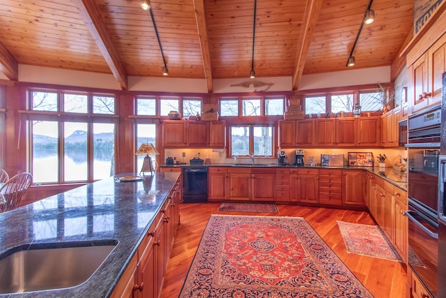 kitchen featuring brown cabinets, track lighting, a sink, light wood finished floors, and black appliances