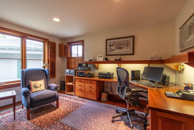 home office with recessed lighting and wood finished floors