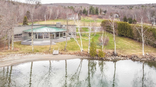 bird's eye view with a water view and a view of trees