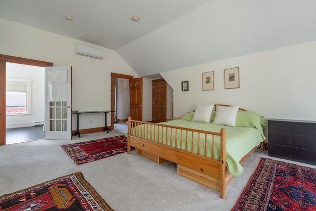 bedroom featuring carpet floors, an AC wall unit, vaulted ceiling, and baseboard heating
