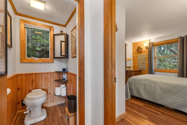 bathroom featuring wood walls, wainscoting, wood finished floors, toilet, and connected bathroom
