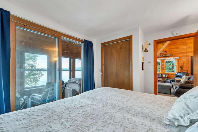 bedroom with a water view and a closet