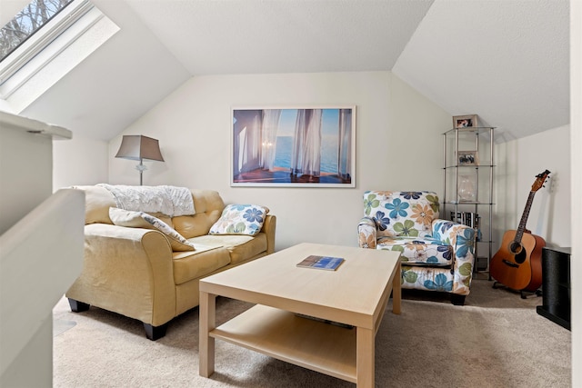 living area with carpet and lofted ceiling with skylight