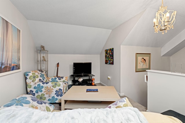 living room featuring an inviting chandelier and vaulted ceiling