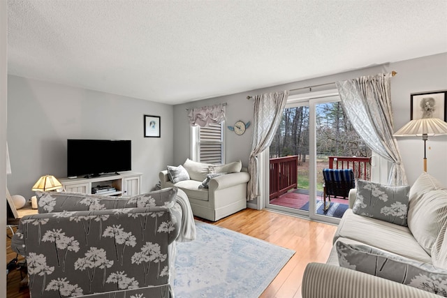 living area featuring a textured ceiling and wood finished floors