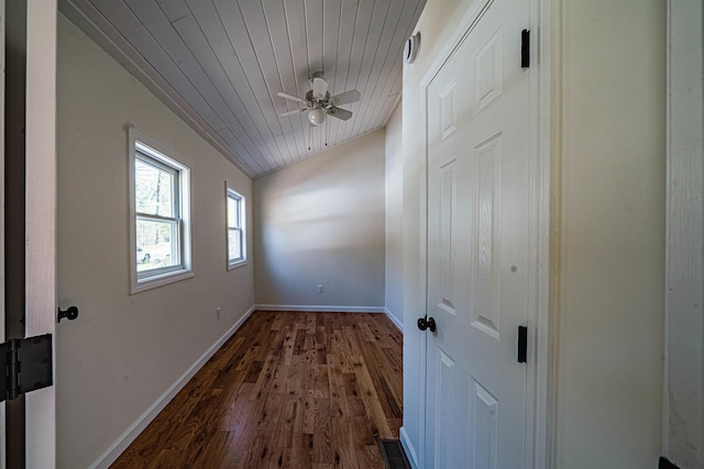 interior space featuring a ceiling fan, dark wood-style flooring, wooden ceiling, baseboards, and lofted ceiling