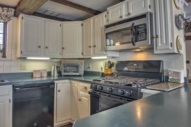 kitchen with a toaster, dark countertops, black appliances, and beam ceiling
