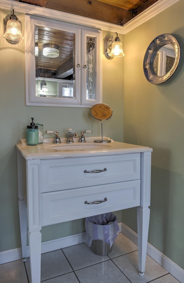 bathroom featuring tile patterned floors, wooden ceiling, baseboards, and vanity