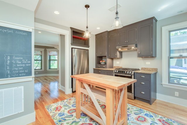 kitchen with stainless steel appliances, baseboards, light wood-type flooring, under cabinet range hood, and pendant lighting