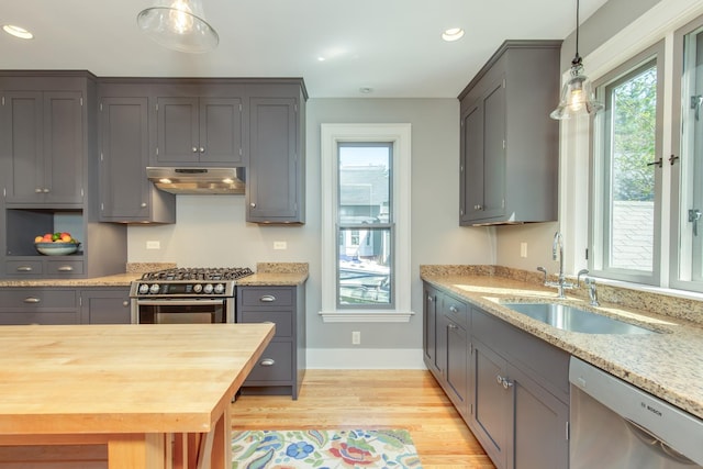 kitchen featuring wooden counters, a sink, light wood finished floors, under cabinet range hood, and stainless steel appliances