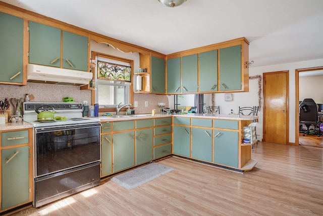 kitchen with a sink, light wood-style floors, black electric range oven, and under cabinet range hood