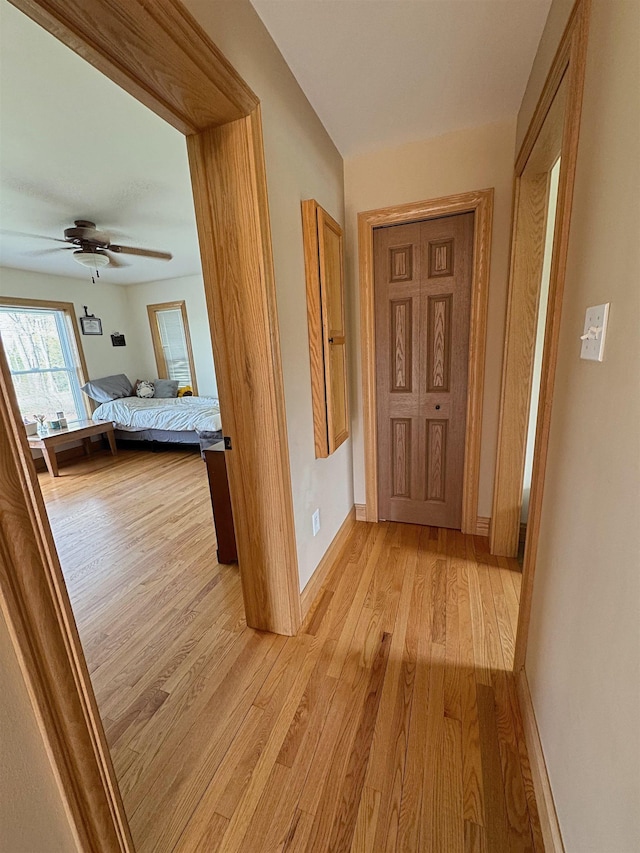 hall with baseboards and light wood finished floors