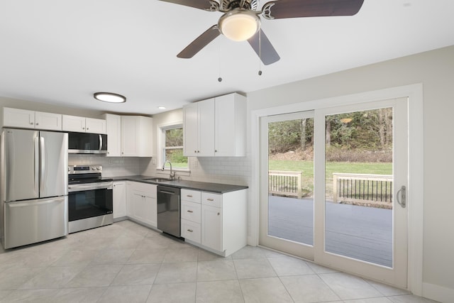 kitchen with dark countertops, a sink, stainless steel appliances, white cabinetry, and decorative backsplash