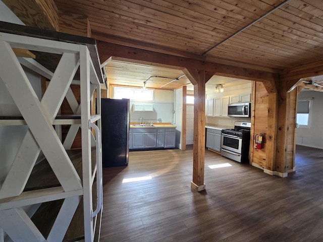 bonus room featuring a sink, dark wood-style flooring, a healthy amount of sunlight, and wooden ceiling