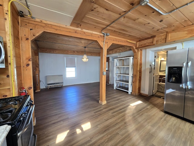 unfurnished living room with baseboards, wood ceiling, and wood finished floors
