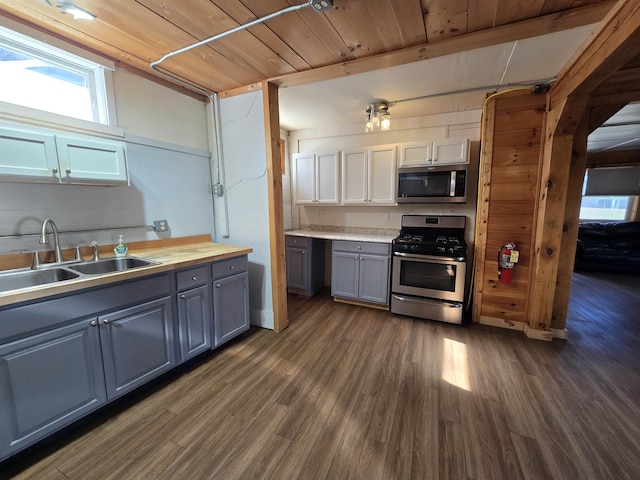 kitchen featuring dark wood-style flooring, stainless steel appliances, gray cabinetry, and a sink