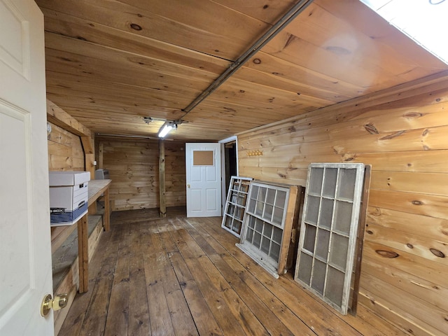 bonus room featuring wood walls, wood ceiling, and hardwood / wood-style floors