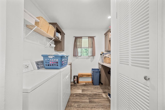 laundry area with laundry area, ornamental molding, dark wood-type flooring, and separate washer and dryer
