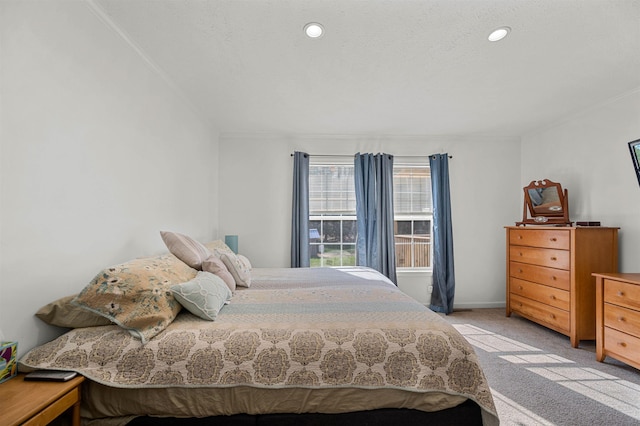 carpeted bedroom with baseboards and recessed lighting