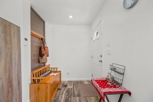mudroom with baseboards, recessed lighting, and wood finished floors