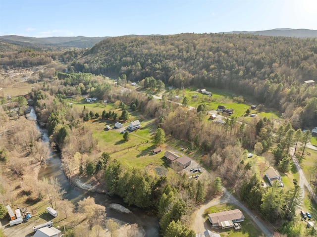 birds eye view of property with a forest view and a mountain view