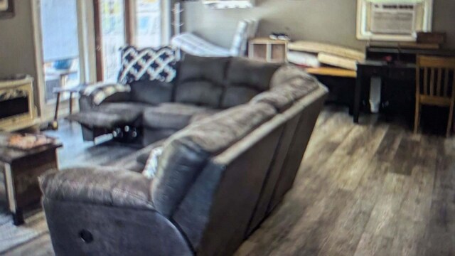 living room featuring a wall unit AC and wood finished floors