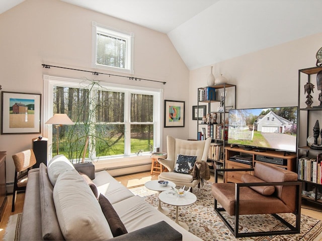 living room featuring a baseboard radiator, wood finished floors, and high vaulted ceiling