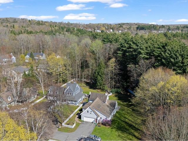 drone / aerial view featuring a wooded view