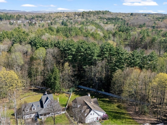 bird's eye view featuring a wooded view
