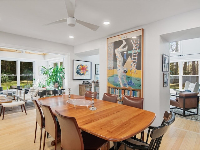 dining room featuring recessed lighting, ceiling fan, and light wood-style flooring