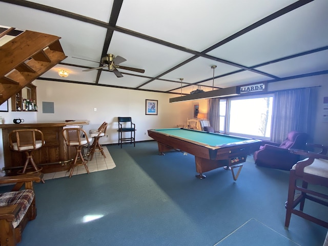 playroom with a ceiling fan, billiards, and a bar