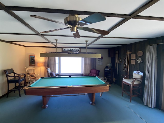 rec room featuring baseboards, carpet flooring, a ceiling fan, and pool table