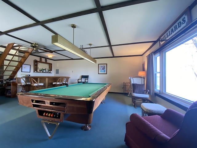 recreation room with ceiling fan, carpet, a community bar, pool table, and baseboards