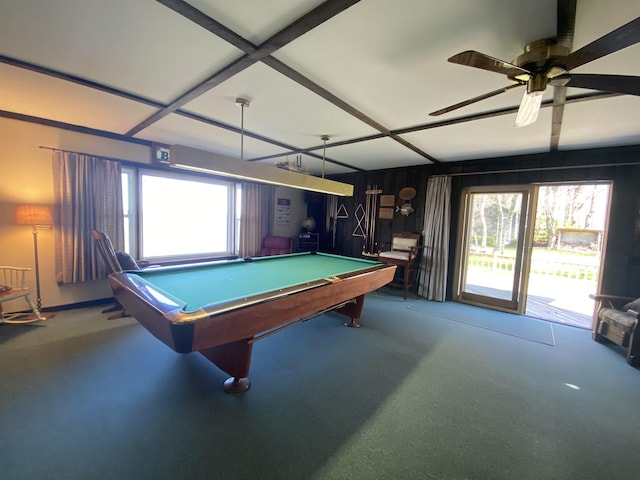 rec room featuring billiards and ceiling fan