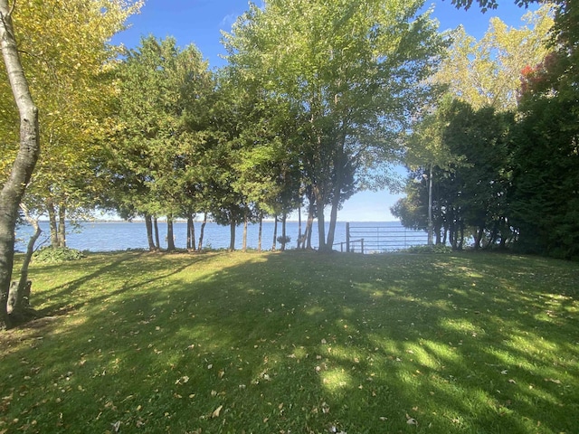 view of yard with a water view and fence