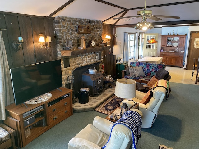 carpeted living room featuring a ceiling fan